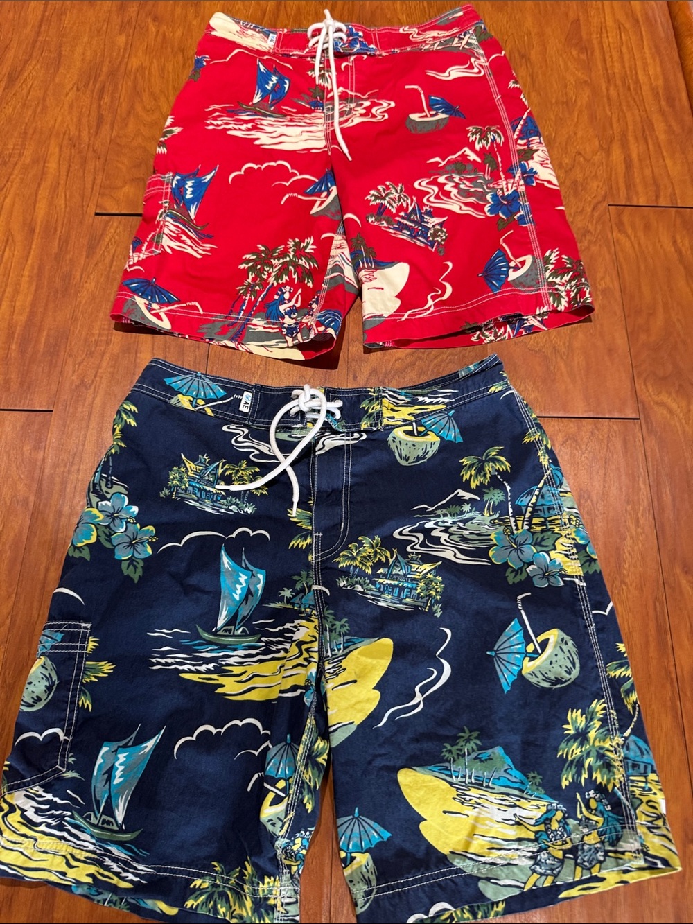 Men's Hawaiian Print Swim Shorts - Red & Navy-2 Pairs